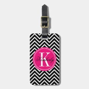 Etiqueta De Bagagem Chevron preto e branco com monograma cor-de-rosa