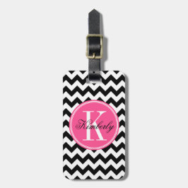Etiqueta De Bagagem Chevron preto e branco com monograma cor-de-rosa