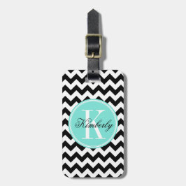 Etiqueta De Bagagem Chevron preto e branco com monograma de turquesa