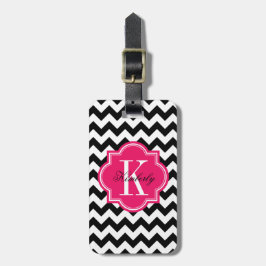 Etiqueta De Bagagem Chevron preto e branco com monograma do rosa