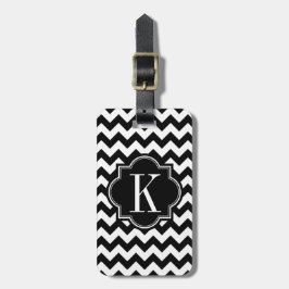Etiqueta De Bagagem Chevron preto e branco com monograma preto