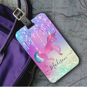 Etiqueta De Bagagem Chic aqua Unicorn arco-íris Drives monograma