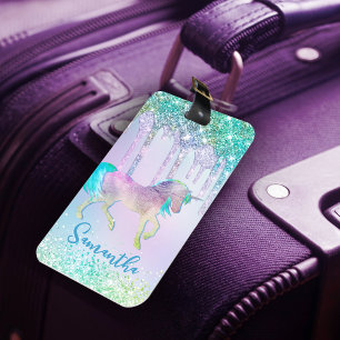 Etiqueta De Bagagem Chic aqua Unicorn Glitter Drives monograma