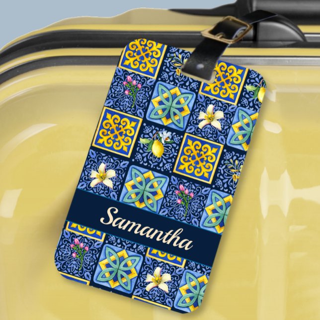 Etiqueta De Bagagem Chic Blue Teal Siciliano Citrino Mediterrâneo (Criador carregado)