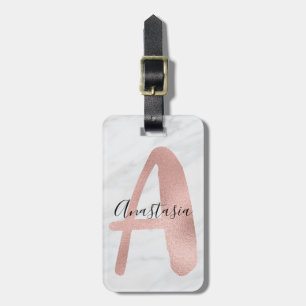 Etiqueta De Bagagem Chic Branco & Cinza Mármore Rosa Dourado Monograma