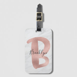 Etiqueta De Bagagem Chic Branco & Mármore Cinza Rosa Dourado Monograma