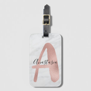 Etiqueta De Bagagem Chic Branco & Mármore Cinza Rosa Dourado Monograma