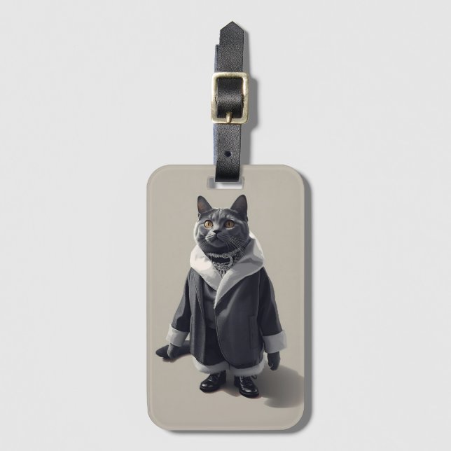 Etiqueta De Bagagem Chic Dressed Grey Cat Fashion Illustration (Frente Vertical)