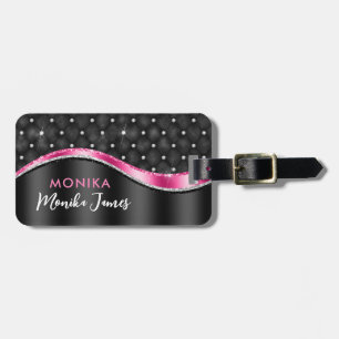 Etiqueta De Bagagem Chic Faux Brutado Metal Black Fuchsia Monograma