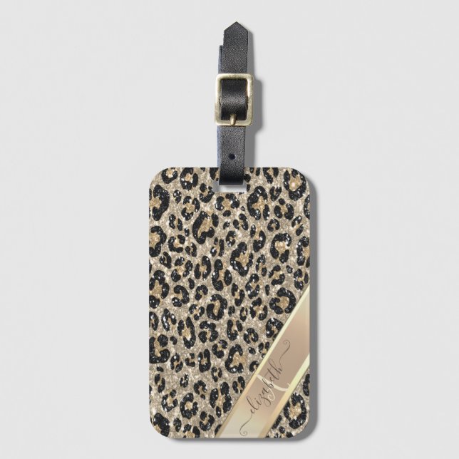 Etiqueta De Bagagem Chic Glitter Leopard Pattern Monogram      (Frente Vertical)