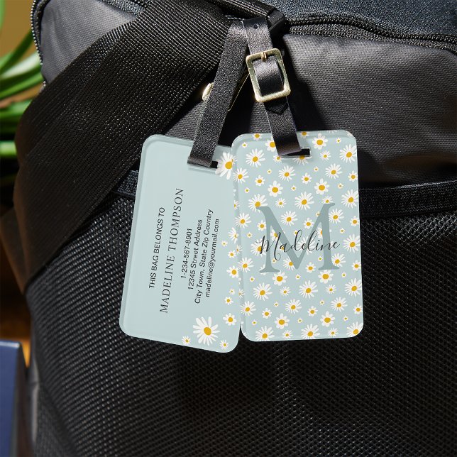 Etiqueta De Bagagem Chic Minimal Daisy Teal Script Monogram (Criador carregado)