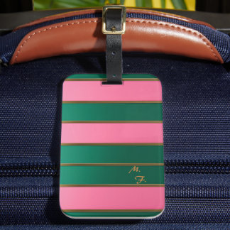 Etiqueta De Bagagem Chic Monogramado Rosa e Verde Ousado, Listrado a O