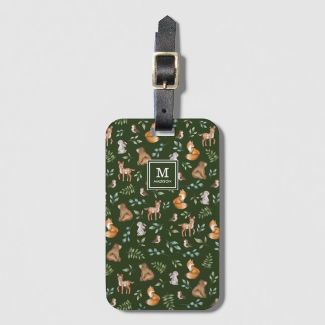 Etiqueta De Bagagem Chic Moody Green Woodland Forest Monograma (Frente Vertical)