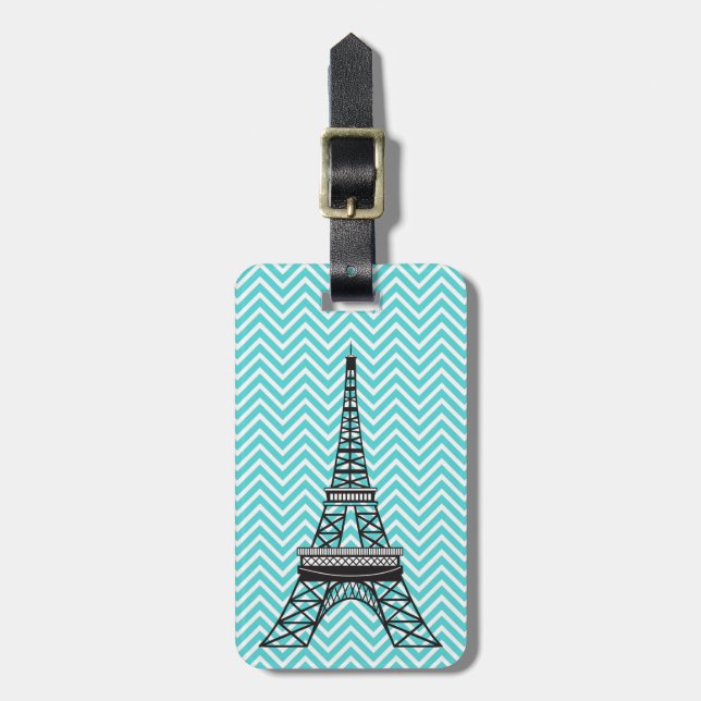 Etiqueta De Bagagem Chic Paris Eiffel Tower Blue Chevron Personalizado (Frente Vertical)