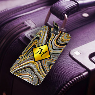 Etiqueta De Bagagem Chic Sparkle Glitter marble cinza monograma