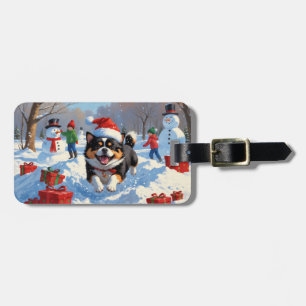 Etiqueta De Bagagem Chin Japonês Correndo em Neve com Chapéu de Natal