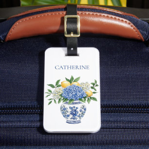 Etiqueta De Bagagem Chinoiserie azul e branca com Hydrangeas