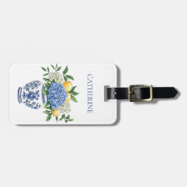 Etiqueta De Bagagem Chinoiserie azul e branca com Hydrangeas