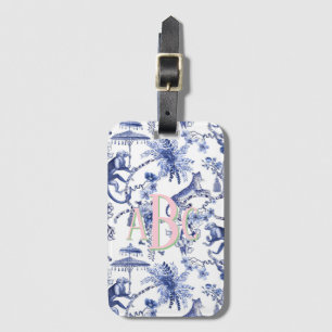 Etiqueta De Bagagem Chinoiserie Jungle Toile   Monograma Azul e Branco