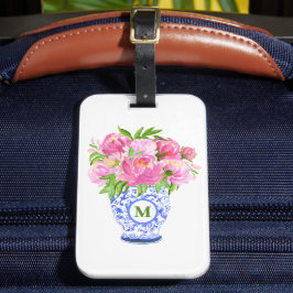 Etiqueta De Bagagem Chinoiserie Vase Green Monograma de Peonias Rosa