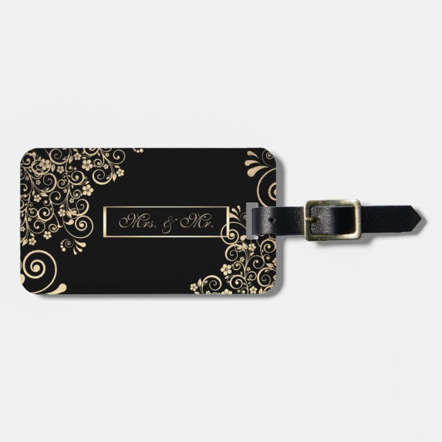 Etiqueta De Bagagem Chique Elegante Flores Douradas (Frente Horizontal)
