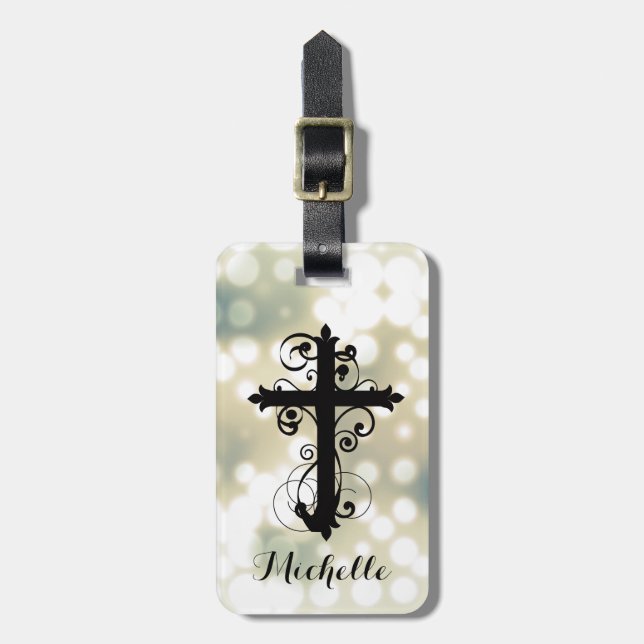 Etiqueta De Bagagem Christian Swirling Cross Personalizado (Frente Vertical)