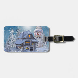 Etiqueta De Bagagem Christmas Monogram Winter White Snowman Blue