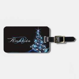 Etiqueta De Bagagem Christmas Party Blue Tree Shiny Black Elegant
