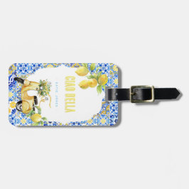 Etiqueta De Bagagem Ciao Bella | Monograma mediterrânico de limão Azul