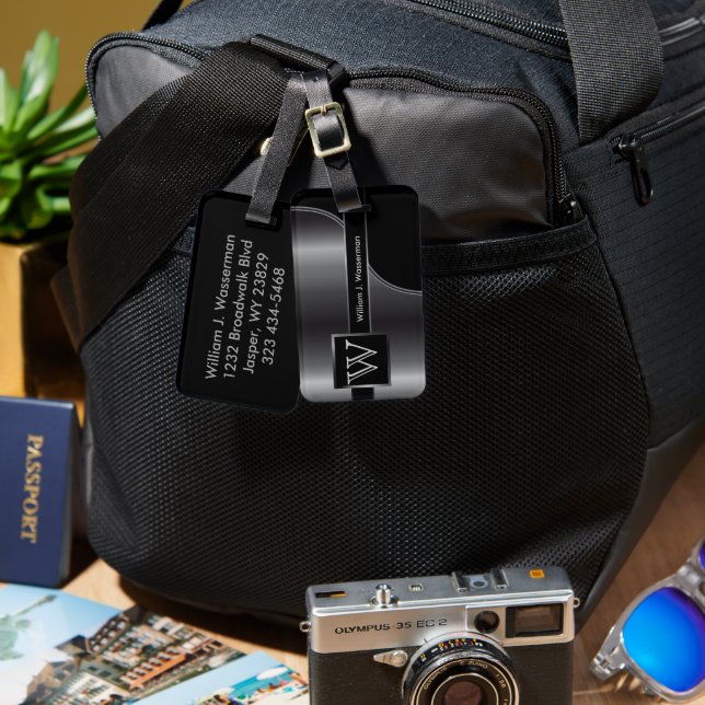 Etiqueta De Bagagem Cinza Aço Masculina Monograma Estilo Executivo (Frente e verso)