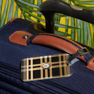 Etiqueta De Bagagem Cinza de Na moda de monograma clássico, preto e be