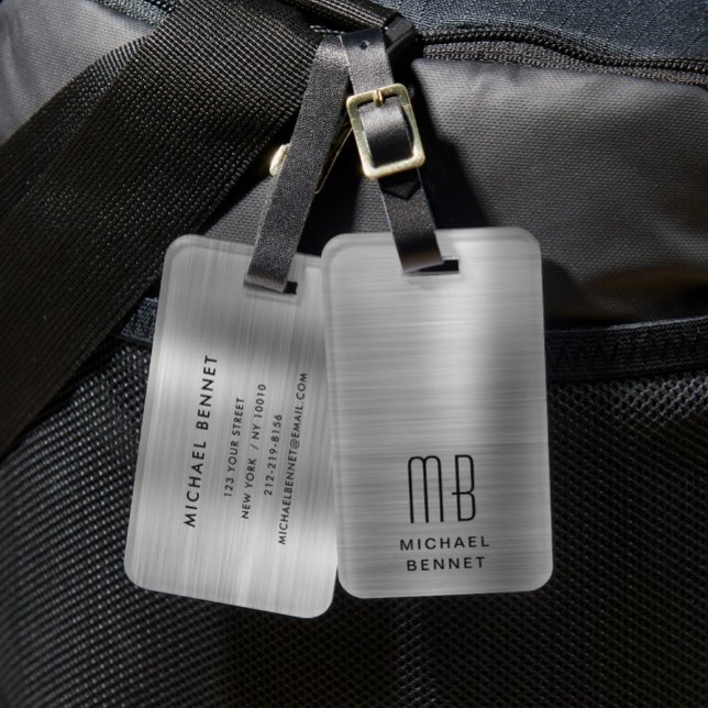 Etiqueta De Bagagem Cinza de prata monograma elegante (Elegant Monogram Silver Gray Luggage Tag)