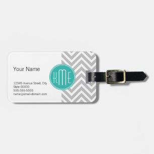 Etiqueta De Bagagem Cinza Moderna Elegante Chevron e Mint Monograma