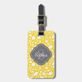 Etiqueta De Bagagem Cinza Monograma Quatrefoil Padrão Floral Amarelo