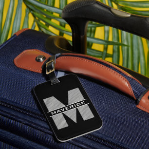 Etiqueta De Bagagem Cinza Negra Monograma Branco Nome Moderno Masculin