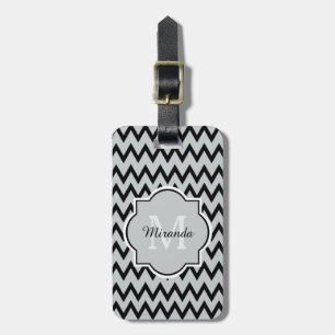 Etiqueta De Bagagem Cinza Negra Trendy Chevron Zigzag Nome e Monograma