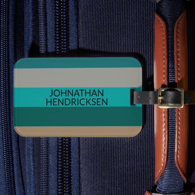 Etiqueta De Bagagem Cinza Verde Tan Strips Moderno Monograma Masculino (Frente Insitu 4)