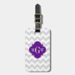 Etiqueta De Bagagem Cinza Wht Chevron Purple Quatrefoil 3 Monograma