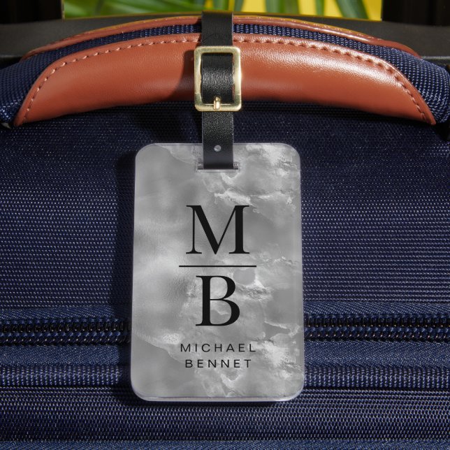 Etiqueta De Bagagem Cinzas Elegantes Monograma (Frente Insitu 2)