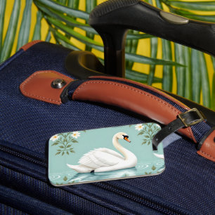 Etiqueta De Bagagem Cisne branco elegante floral azul