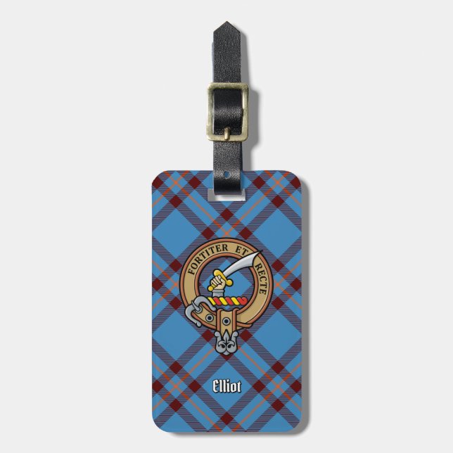 Etiqueta De Bagagem Clan Elliot Crest sobre o Antigo Tartan (Frente Vertical)