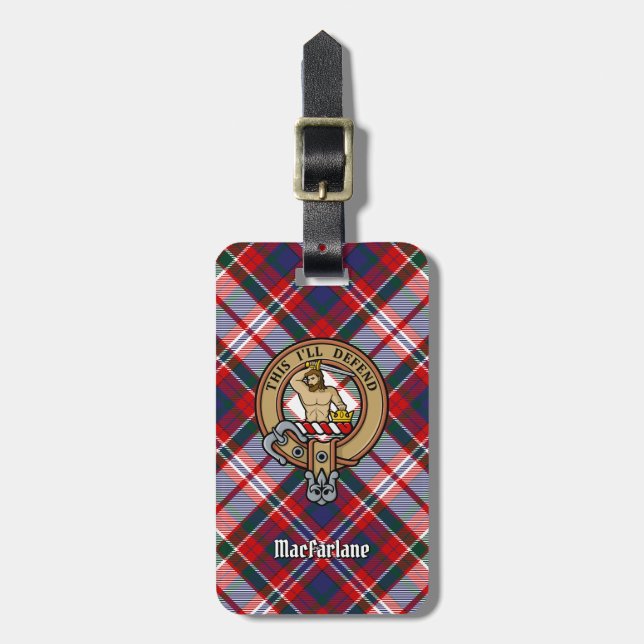 Etiqueta De Bagagem Clan MacFarlane Crest sobre o vestido Tartan (Frente Vertical)