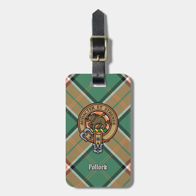Etiqueta De Bagagem Clan Pollock Crest sobre Tartan (Frente Vertical)