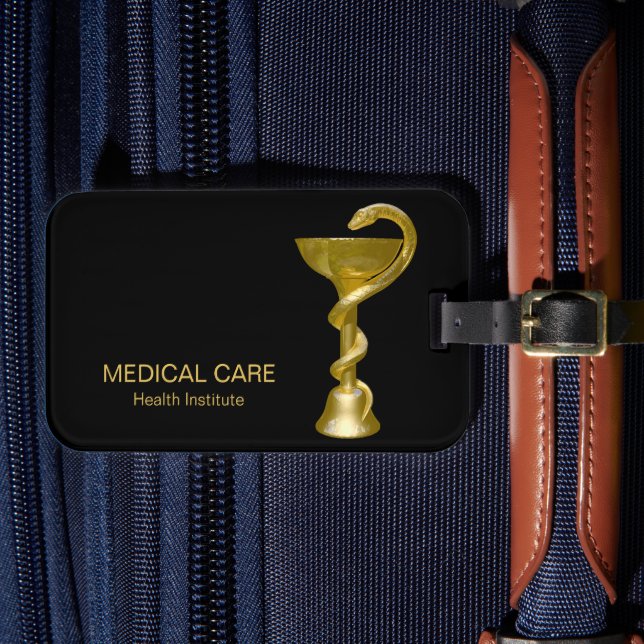 Etiqueta De Bagagem Classy Medical Cobra Bowl Hygieia Dourada Caduceus (Frente Insitu 4)