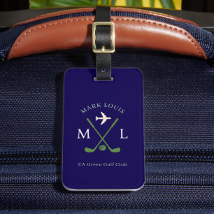Etiqueta De Bagagem Clube de Golfe Elegante Monograma Azul Viagem