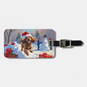 Etiqueta De Bagagem Cocker Spaniel Correndo na Neve com Chapéu de Nata