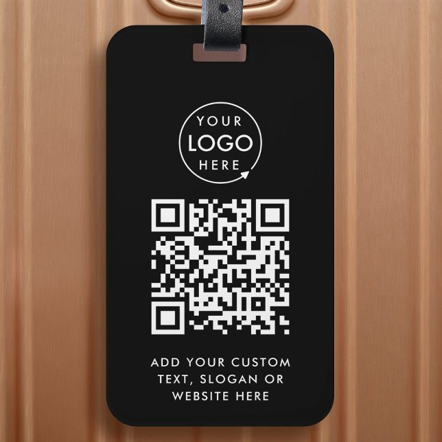 Etiqueta De Bagagem Código QR | Black Business Logo Professional Moder (Versatile editable luggage tag template with interactive QR code & your business logo.)