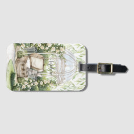 Etiqueta De Bagagem Coelho no Peito Folhas Verdes Floral