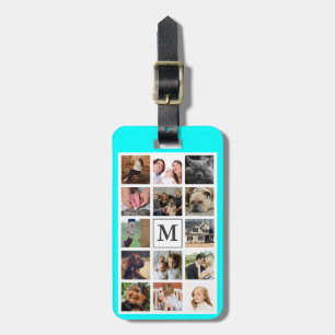 Etiqueta De Bagagem Colagem de Fotos da Família Moderna e Cyan  Monog