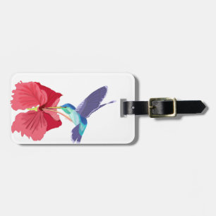 Etiqueta De Bagagem Colibri azul e verde e hibiscus vermelho